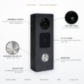 V-TEK DH618 2-wire video doorbell with labels for the 2 MP 1080p camera, 1.8 inch TFT screen, mechanical call button, microphone, anodised aluminium body and mounting release point
