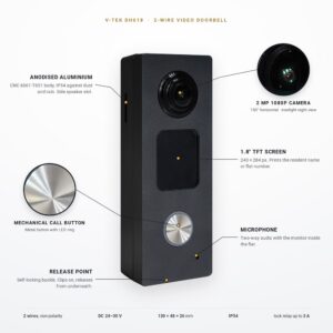 V-TEK DH618 door station – labelled features V-TEK DH618 2-wire video doorbell with labels for the 2 MP 1080p camera, 1.8 inch TFT screen, mechanical call button, microphone, anodised aluminium body and mounting release point