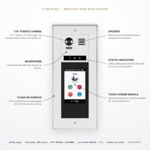 V-TEK DT821 modular door station features V-TEK DT821 door station with the camera, speaker, microphone, status indicators and touch screen module labelled